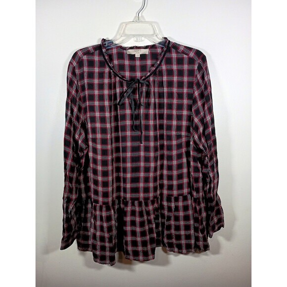 Loft Peplum Top Womens Tie Neck Ruffle Collar Plaid Flannel Shirt Plus Size 18 - Picture 1 of 7